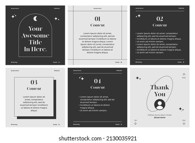 Microblog carousel slides template for social media. Six pages with aesthetic vintage fade black and grey background.