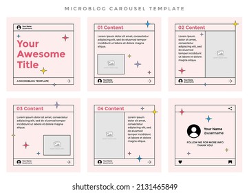 Microblog Karussell Folien Vorlage für soziale Medien. Sechs Seiten mit funkelnagelästhetischem Konzept und blassrosa Hintergrund