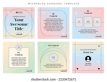 Microblog carousel slides template for social media. Six pages with aesthetic gradient pastel colors background