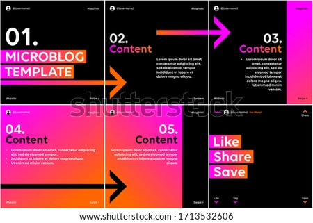 Microblog carousel slides template for social media with pink orange gradient arrows theme.