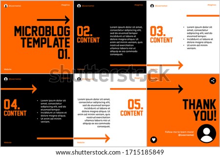 Microblog carousel slides template for social media with flat orange and black, arrows theme.