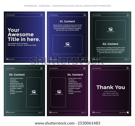 Microblog, carousel style, continuous slide. Social media posts template. Seamless, minimalist style with gradient colors theme (black, electric blue, ocean green and deep violet).