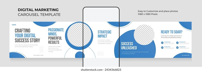 Microblog carousel template. Instagram carousel post. 5 seamless square slide social media post. EPS vector illustration.