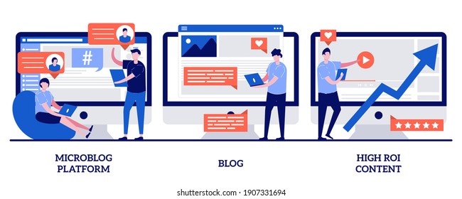 Microblog platform, blog and high ROI content concept with tiny people. Social media marketing abstract vector illustration set. Influencer, followers and subscriptions, viral content metaphor.