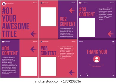 Microblog template. Carousel continuous slides simple background with red and purple theme.