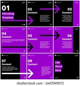 Microblog template for social media with simple black and purple arrows background.