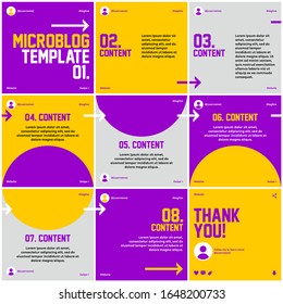 Plantilla de microblog para medios sociales con un simple fondo de círculos morados y amarillos.
