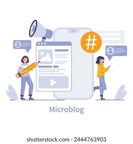 Concepto de plataforma de microblogueo. Intercambio instantáneo de noticias y expresión de opinión pública a través de un popular canal digital. Conéctese e influya rápidamente. Ilustración vectorial.