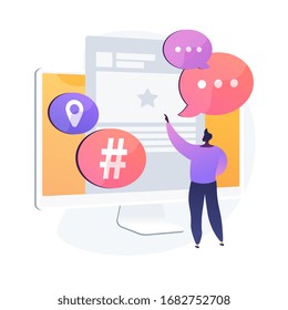 Microblogging platform user. Social media communication, bloggers tool, sharing short messages. Microblogger post sharing, commenting, discussion. Vector isolated concept metaphor illustration