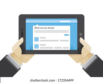 Microblogging service (Twitter etc.) on tablet computer in businessman blogger hands. Concepts: social media networking services in modern business.