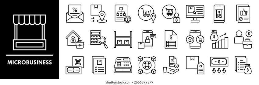 Conjunto de coleta de ícone do Microbusiness. Contendo negócios de design, inicialização, loja, trabalho, tecnologia, online