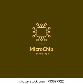 Microchip abstract linear vector logo. Microprocessor plain icon. Digital art design element. Smart technology logotype