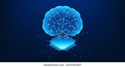 O microchip com um cérebro de IA representa a tecnologia de IA agêntica que tem a capacidade de pensar, analisar e tomar decisões de forma independente, semelhante ao cérebro humano, mas em forma digital.