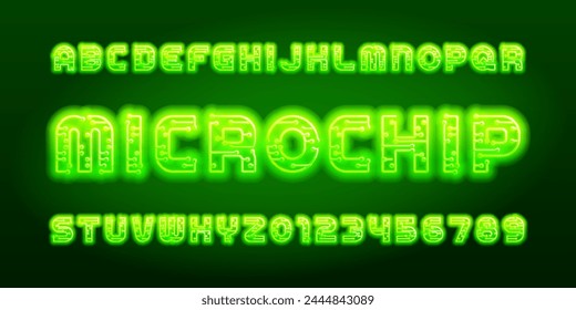 Microchip alphabet font. Green neon color letters and numbers. Stock vector typescript.
