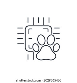 Microchip with an animal paw print. Veterinary chipping. Vector linear icon isolated on white background.