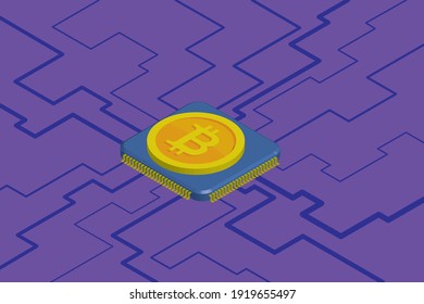 The microchip Bitcoin digital currency icon with circuit board elements. Vector illustration in isometric style
