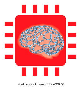 Microchip with brain, chatbot. Artificial intelligence. Vector picture