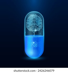 Microchip brain interface in capsule blue luminous. Smart digital pills in health care alternative. Medicine futuristic. Pharmaceutical and scientific medical technology concept. Vector EPS10.