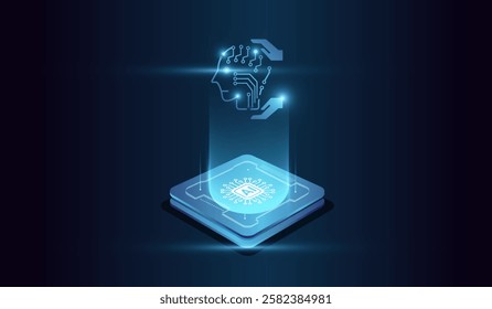 The microchip at the center represents computational power. with a glowing microchip at the base emitting a holographic human head of artificial intelligence.