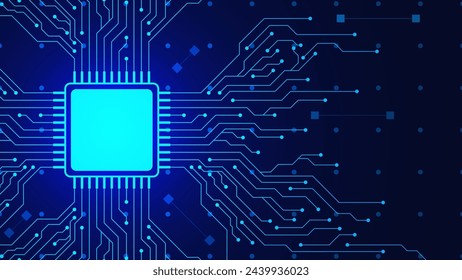 Microchip with circuit board. Central computer processor CPU and motherboard digital chip for modern technology concept background. Vector illustration.