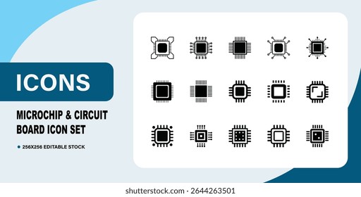 Conjunto de ícones de microchip e placa de circuito