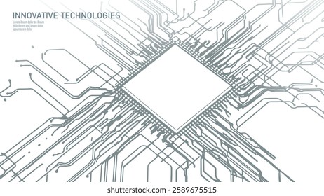 Microchip circuit board illustration. Thin electronic lines connect to the central processor. Technology, computing, and innovation concept. Minimalist digital line art on white background