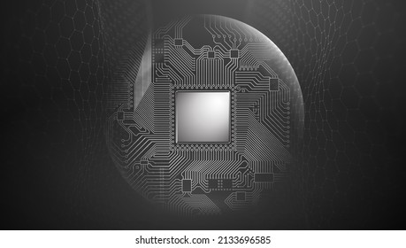 Microchip with circuit in sphere shield. Data processing. Big Data and Data Science.