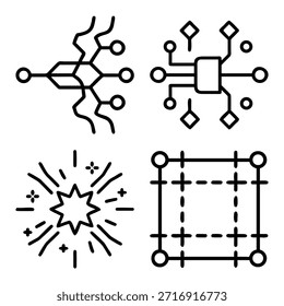 Red de circuitos de microchip, procesador digital Electrónica, brillo brillante de estallido estelar y conjunto de iconos de esquema de cuadrícula de diseño de interfaz