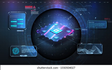 Microchip close-up on futuristic technological background. Analysis and scanning of the chip. Central Computer Processors CPU concept.Digital chip. Quantum computer, large data processing, database