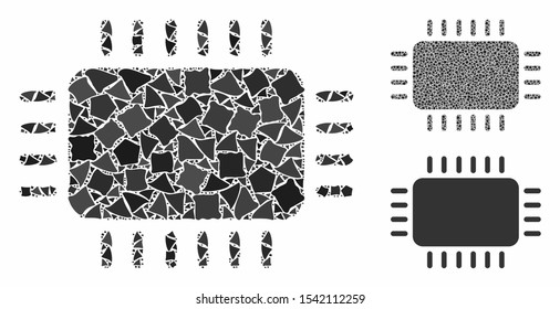 Microchip composition of uneven elements in variable sizes and color hues, based on microchip icon. Vector trembly items are united into composition. Microchip icons collage with dotted pattern.