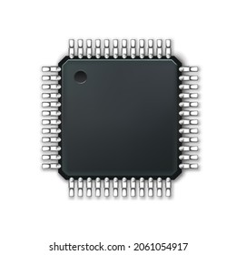 Microchip. Computer CPU. Microprocessor. 3D realistic illustration. Isolated on a white background. Vector.