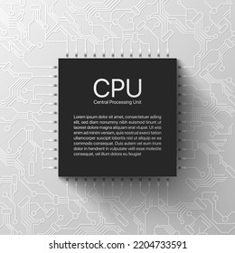 Microchip. Computer CPU. Microprocessor on detailed printed circuit board design abstract background, vector illustration