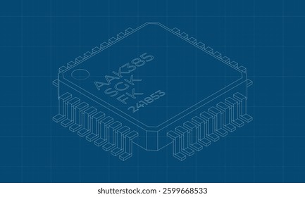 Microchip computer electronic component blueprint. Microchip icon. Isometric microchip. Computer processor technology. Microprocessor