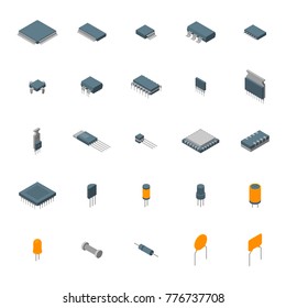 Microchip Computer Electronic Components Icons Set Isometric View Isolated on White Background Electronics Repair or Shop. Vector illustration