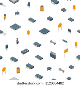 Microchip Computer Electronic Components Isometric View Seamless Pattern Background on a White Electronics Repair or Shop. Vector illustration