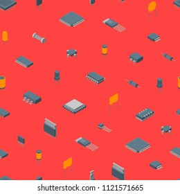 Microchip Computer Electronic Components Isometric View Seamless Pattern Background Electronics Repair or Shop. Vector illustration