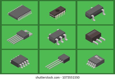 Microchip computer vector isometric chip technology processor circuit electronic board motherboard information system illustration.
