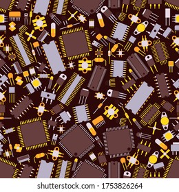 Microchip, computing device electronic system components vector illustration. Small information storages pattern. Microcircuits from various shapes devices, with wiring and fixtures.