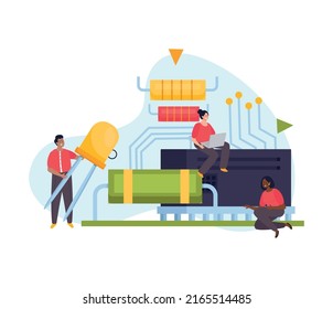 Microchip concept with electronic circuit components and human characters holding transistor flat vector illustration