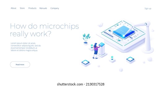 Microchip concept illustration in isometric vector design. Semiconductor or computer processor chip production. CPU hardware technology web banner layout.