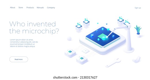 Ilustración conceptual de microchip en el diseño vectorial isométrico. Producción de chips de semiconductores o procesadores de computadora. Diseño de banner web de tecnología de hardware de CPU.