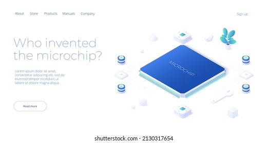 Microchip concept illustration in isometric vector design. Semiconductor or computer processor chip production. CPU hardware technology web banner layout.