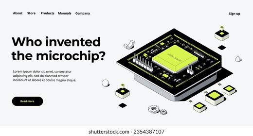 Microchip concept illustration in isometric vector design. Semiconductor or computer processor chip production. CPU hardware technology web banner layout.