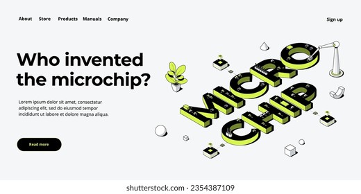 Microchip concept illustration in isometric vector design. Semiconductor or computer processor chip production. CPU hardware technology web banner layout.