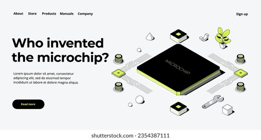 Microchip concept illustration in isometric vector design. Semiconductor or computer processor chip production. CPU hardware technology web banner layout.