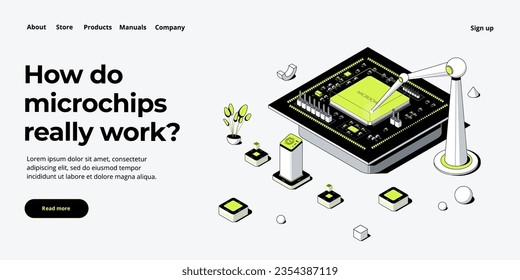 Microchip concept illustration in isometric vector design. Semiconductor or computer processor chip production. CPU hardware technology web banner layout.