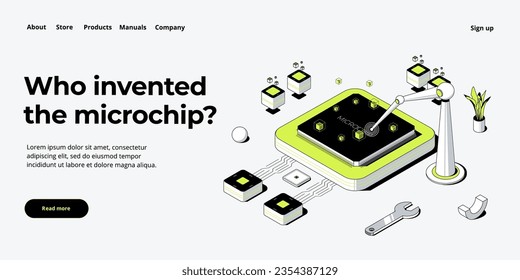 Microchip concept illustration in isometric vector design. Semiconductor or computer processor chip production. CPU hardware technology web banner layout.