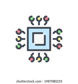 Microchip with connection color line icon. Chip with connection to main components vector outline colorful sign.