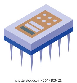 Microchip com contatos está se conectando à motherboard, ícone do hardware, ilustração vetorial isométrica