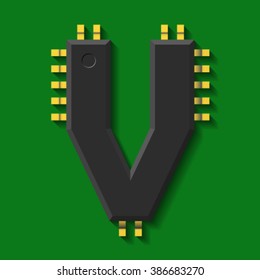 Microchip core  font, letter V vector